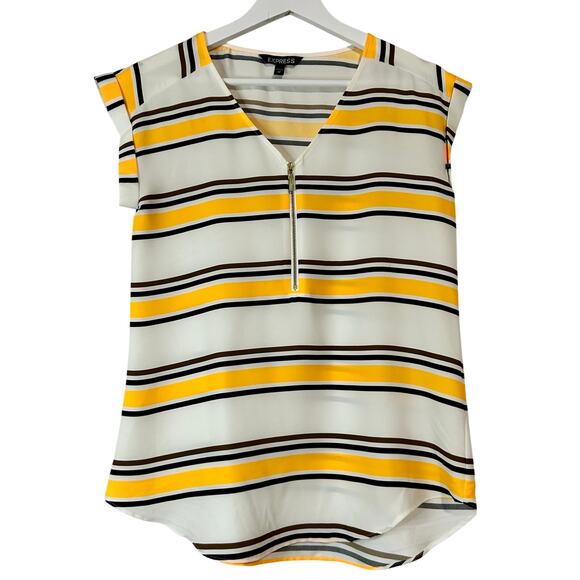Express Tops - Express Women’s Striped Cap Sleeve Half-Zip Blouse Size XS Yellow White EUC